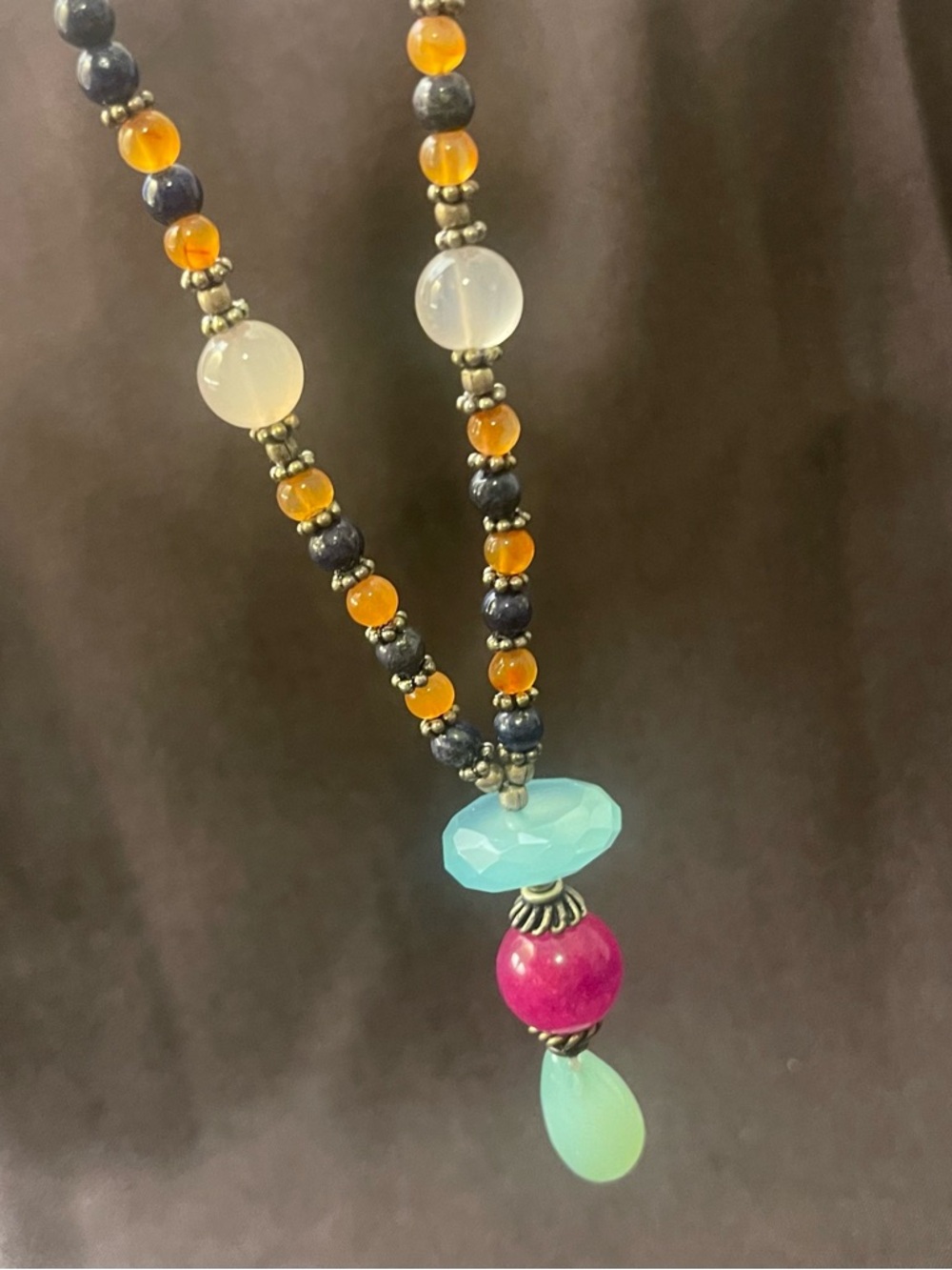 Handmade Multicolor Beaded Pendant Necklace - Pink & Aqua Accent